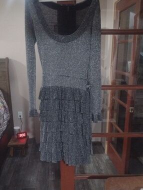 BCBG Silver Sparkle Tiered Ruffle Long-Sleeve Dress